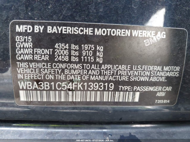 2015 Bmw 320i მანქანა იყიდება აუქციონზე, vin: WBA3B1C54FK139319, აუქციონის ნომერი: 45719478