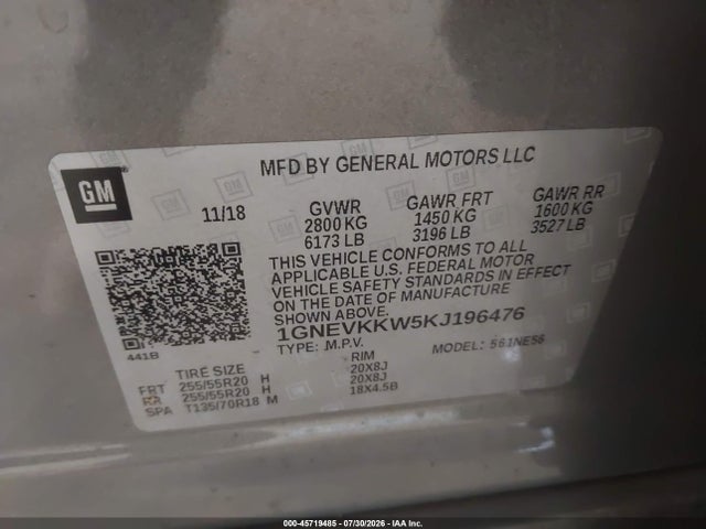 Aukcja sprzedaży 2019 Chevrolet Traverse Premier, vin: 1GNEVKKW5KJ196476, numer aukcji: 45719485