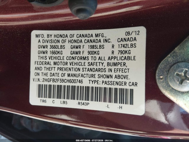 2012 Honda Civic Lx მანქანა იყიდება აუქციონზე, vin: 2HGFB2F59CH600746, აუქციონის ნომერი: 45719496