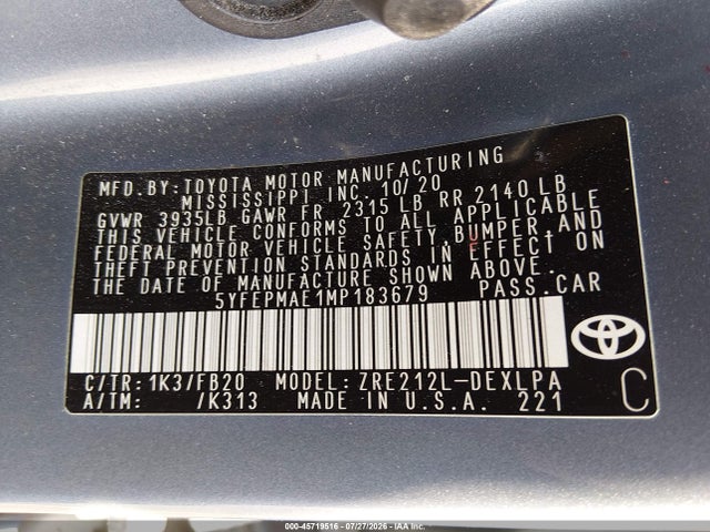 Aukcja sprzedaży 2021 Toyota Corolla Le, vin: 5YFEPMAE1MP183679, numer aukcji: 45719516