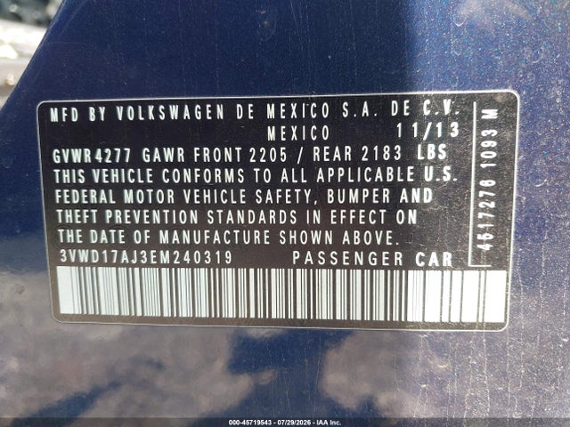2014 Volkswagen Jetta 1.8t Se მანქანა იყიდება აუქციონზე, vin: 3VWD17AJ3EM240319, აუქციონის ნომერი: 45719543