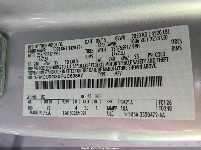 Ford ESCAPE SE 2015 1FMCU0GX0FUC60867 Image 9
