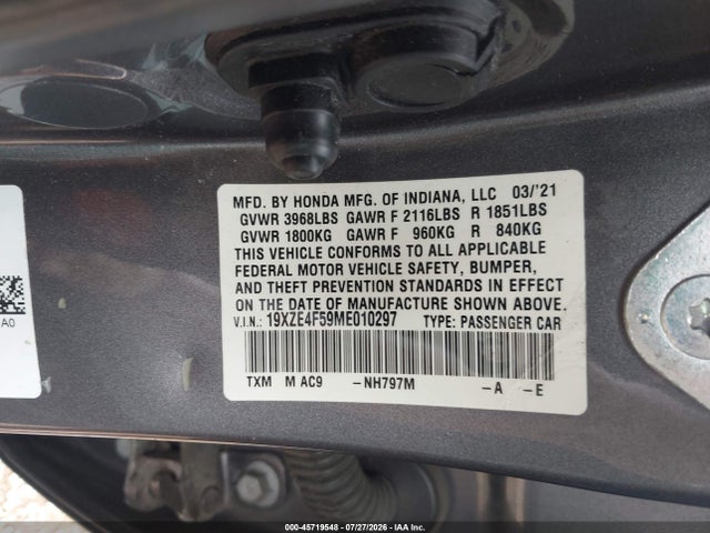 2021 Honda Insight Ex მანქანა იყიდება აუქციონზე, vin: 19XZE4F59ME010297, აუქციონის ნომერი: 45719548