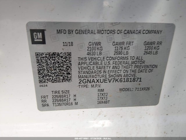 Продажа на аукционе авто 2019 Chevrolet Equinox Lt, vin: 2GNAXUEV7K6181871, номер лота: 45719561