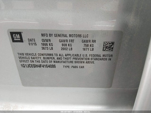 45719571 :رقم المزاد ، 1G1JC6SH4F4164086 vin ، 2015 Chevrolet Sonic Lt Auto مزاد بيع