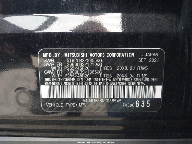 Auction sale of the 2022 Mitsubishi Outlander Black Edition S-awc/se 2.5 S-awc/se Launch Edition S-awc, vin: JA4J4UA88NZ038545, lot number: 45719573