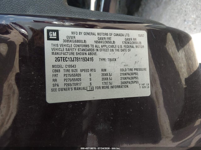 45719576 :رقم المزاد ، 2GTEC13J781193416 vin ، 2008 Gmc Sierra 1500 Sle1 مزاد بيع