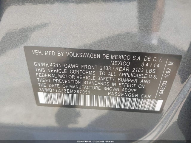 Aukcja sprzedaży 2014 Volkswagen Jetta 1.8t Se, vin: 3VWB17AJ3EM287051, numer aukcji: 45719581