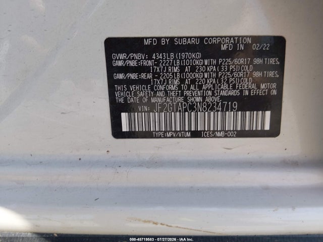 Aukcja sprzedaży 2022 Subaru Crosstrek Premium, vin: JF2GTAPC3N8234719, numer aukcji: 45719583