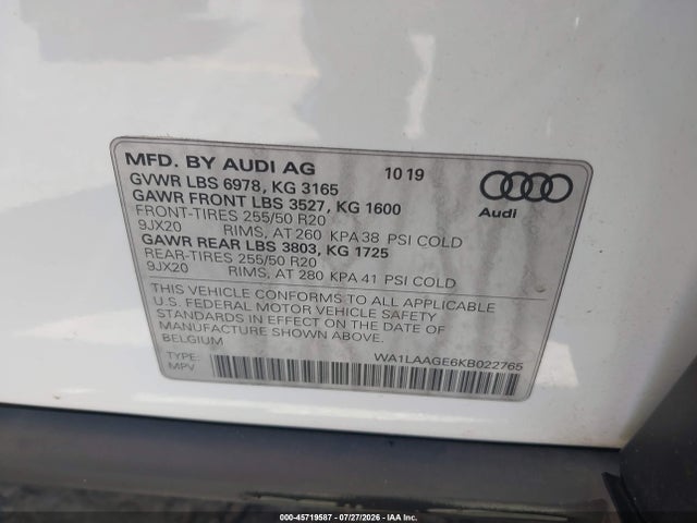 Продаж на аукціоні авто 2019 Audi E-tron Premium Plus, vin: WA1LAAGE6KB022765, номер лоту: 45719587