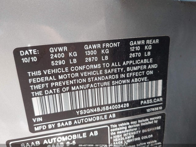 45719599 :رقم المزاد ، YS3GN4BJ5B4003428 vin ، 2011 Saab 9-5 Turbo6 مزاد بيع
