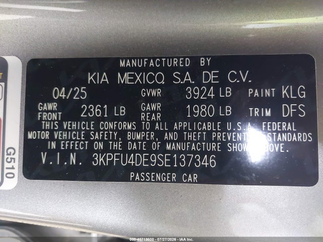 Продаж на аукціоні авто 2025 Kia K4 Ex, vin: 3KPFU4DE9SE137346, номер лоту: 45719600