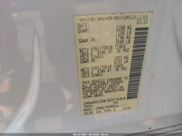 45719603 :رقم المزاد ، 1N6AA0EJ5DN307494 vin ، 2013 Nissan Titan Sv مزاد بيع