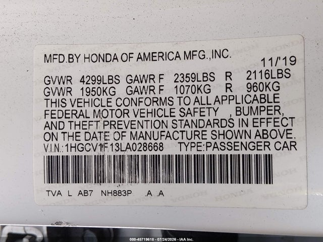 Honda ACCORD LX 2020 1HGCV1F13LA028668 Image 9