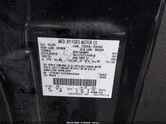 Продажа на аукционе авто 2005 Ford F-150 Fx4/lariat/xlt, vin: 1FTPW14535KE04964, номер лота: 45719649
