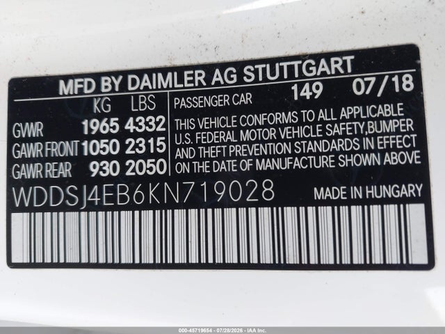 Aukcja sprzedaży 2019 Mercedes-benz Cla 250, vin: WDDSJ4EB6KN719028, numer aukcji: 45719654