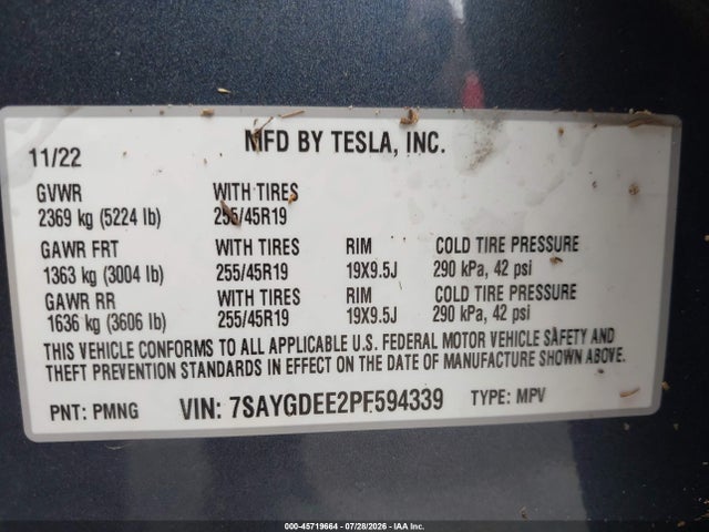 7SAYGDEE2PF594339 Tesla Model Y Awd/long Range Dual Motor All-wheel Drive