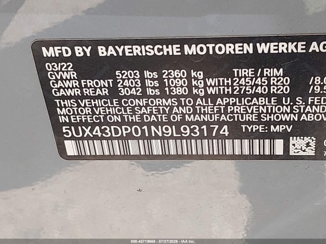 Aukcja sprzedaży 2022 Bmw X3 Sdrive30i, vin: 5UX43DP01N9L93174, numer aukcji: 45719668
