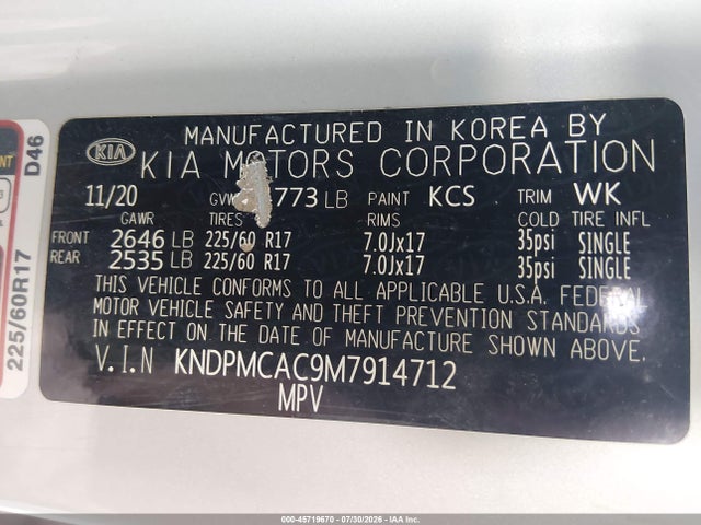 45719670 :رقم المزاد ، KNDPMCAC9M7914712 vin ، 2021 Kia Sportage Lx مزاد بيع