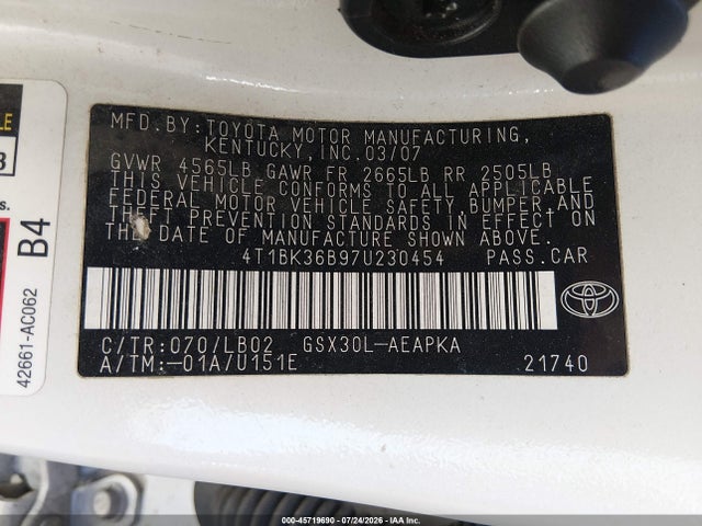 Aukcja sprzedaży 2007 Toyota Avalon Limited, vin: 4T1BK36B97U230454, numer aukcji: 45719690