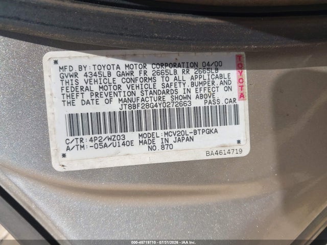 Продажа на аукционе авто 2000 Lexus Es 300, vin: JT8BF28G4Y0272663, номер лота: 45719710