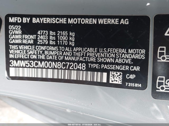 45719718 :رقم المزاد ، 3MW53CM00N8C72048 vin ، 2022 Bmw M240 I Xdrive مزاد بيع