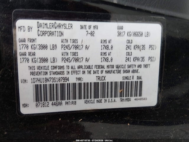 45719730 :رقم المزاد ، 1D7HU18N73S107994 vin ، 2003 Dodge Ram 1500 Slt/laramie/st مزاد بيع
