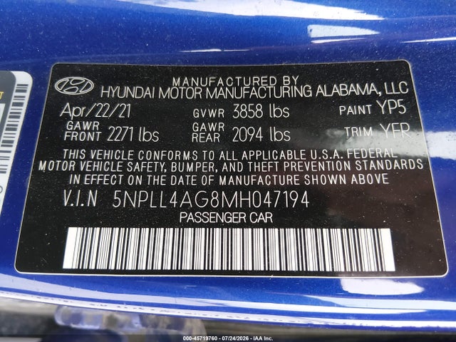 45719760 :رقم المزاد ، 5NPLL4AG8MH047194 vin ، 2021 Hyundai Elantra Se مزاد بيع