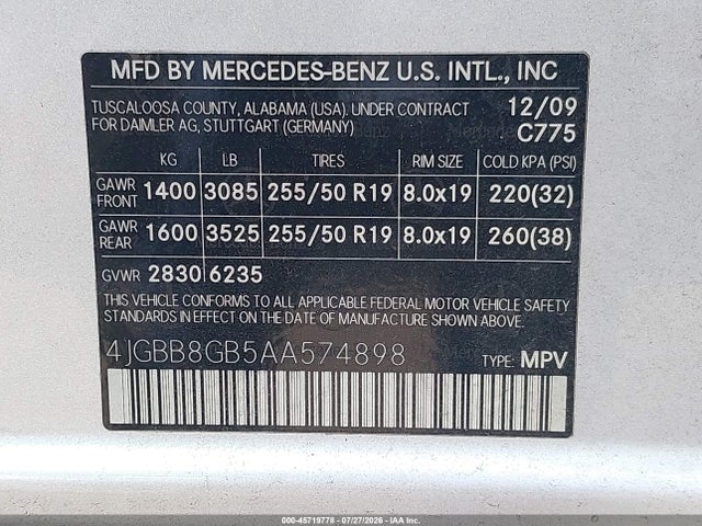 Aukcja sprzedaży 2010 Mercedes-benz Ml 350 4matic, vin: 4JGBB8GB5AA574898, numer aukcji: 45719778