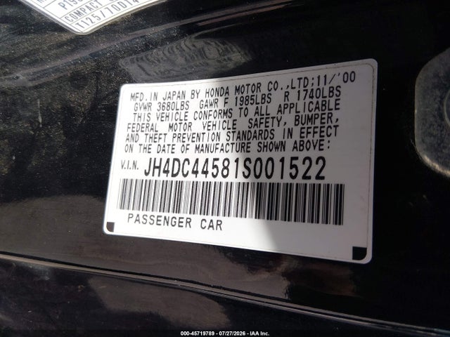 Aukcja sprzedaży 2001 Acura Integra Ls, vin: JH4DC44581S001522, numer aukcji: 45719789