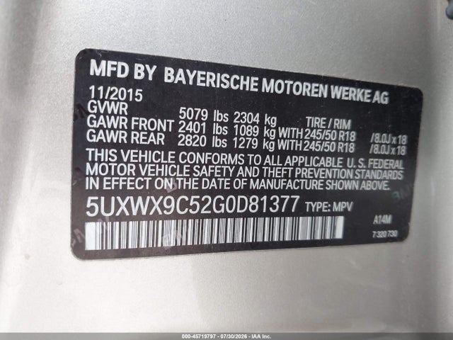 45719797 :رقم المزاد ، 5UXWX9C52G0D81377 vin ، 2016 Bmw X3 Xdrive28i مزاد بيع