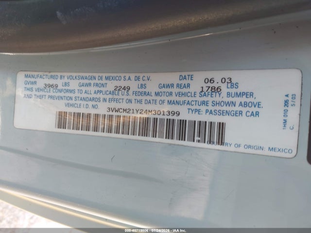 Продажа на аукционе авто 2004 Volkswagen New Beetle Gls, vin: 3VWCM21Y24M301399, номер лота: 45719806