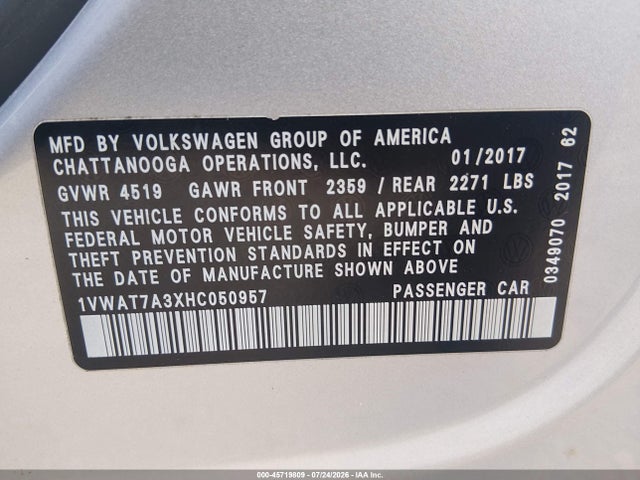 2017 Volkswagen Passat 1.8t S მანქანა იყიდება აუქციონზე, vin: 1VWAT7A3XHC050957, აუქციონის ნომერი: 45719809