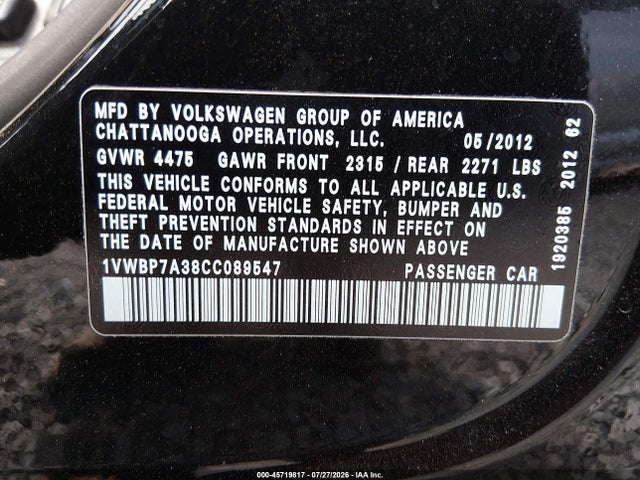 Продаж на аукціоні авто 2012 Volkswagen Passat 2.5l Se, vin: 1VWBP7A38CC089547, номер лоту: 45719817