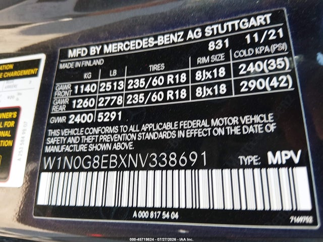 2022 Mercedes-benz Glc 300 4matic Suv მანქანა იყიდება აუქციონზე, vin: W1N0G8EBXNV338691, აუქციონის ნომერი: 45719824
