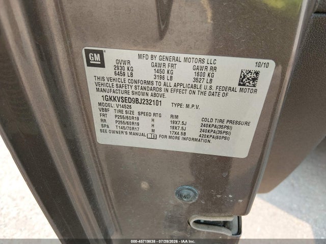 45719838 :رقم المزاد ، 1GKKVSED9BJ232101 vin ، 2011 Gmc Acadia Slt-2 مزاد بيع