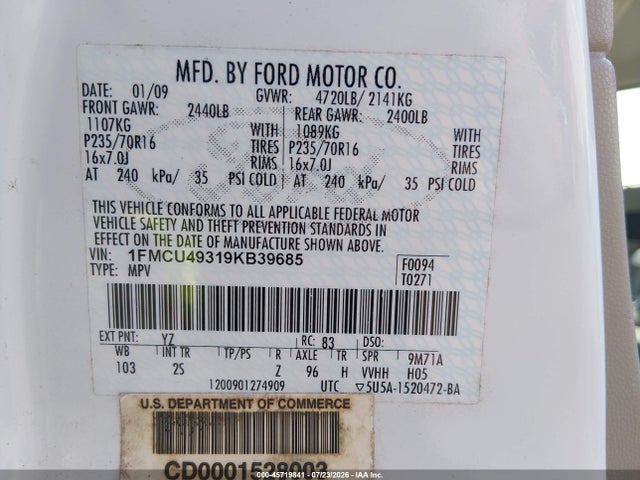Auction sale of the 2009 Ford Escape Hybrid Limited, vin: 1FMCU49319KB39685, lot number: 45719841