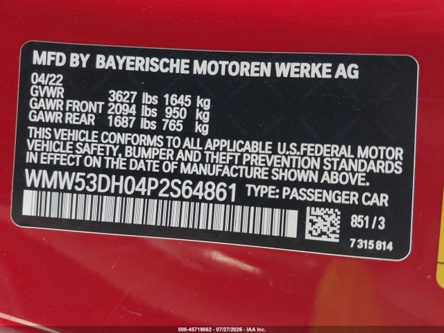 Aukcja sprzedaży 2023 Mini Hardtop Cooper S, vin: WMW53DH04P2S64861, numer aukcji: 45719862