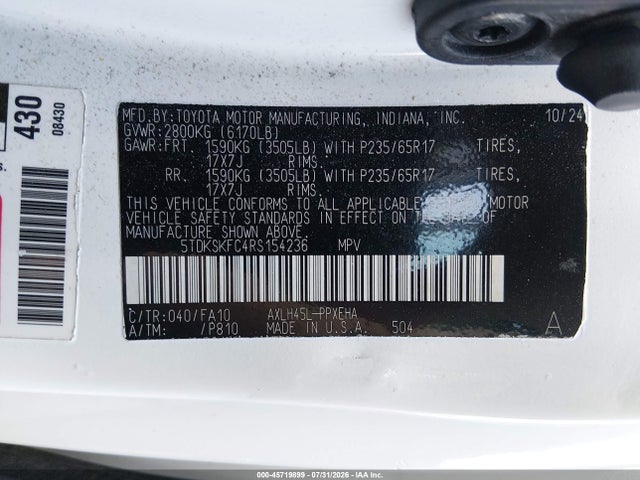 Продаж на аукціоні авто 2024 Toyota Sienna Le, vin: 5TDKSKFC4RS154236, номер лоту: 45719899