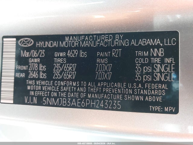 2023 Hyundai Tucson Sel მანქანა იყიდება აუქციონზე, vin: 5NMJB3AE6PH243235, აუქციონის ნომერი: 45719909