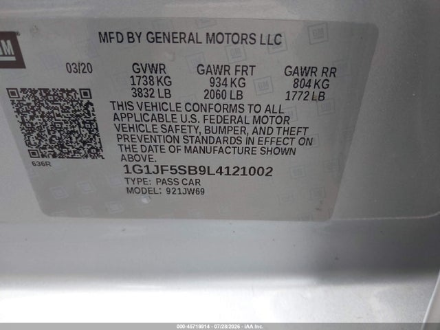 45719914 :رقم المزاد ، 1G1JF5SB9L4121002 vin ، 2020 Chevrolet Sonic Fwd  Premier مزاد بيع