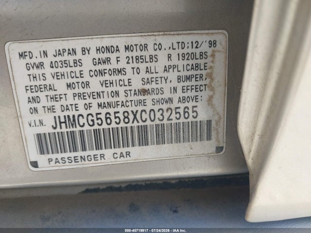 Aukcja sprzedaży 1999 Honda Accord Ex, vin: JHMCG5658XC032565, numer aukcji: 45719917