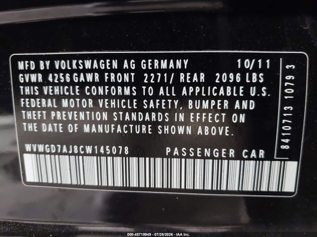 2012 Volkswagen Gti 4-door/4-door Autobahn მანქანა იყიდება აუქციონზე, vin: WVWGD7AJ8CW145078, აუქციონის ნომერი: 45719949