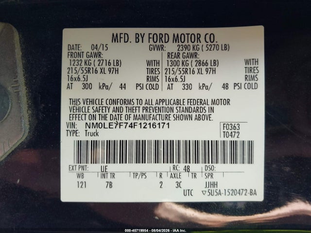 Продажа на аукционе авто 2015 Ford Transit Connect Xlt, vin: NM0LE7F74F1216171, номер лота: 45719954