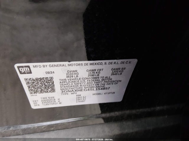 2025 Chevrolet Equinox Fwd Lt მანქანა იყიდება აუქციონზე, vin: 3GNAXHEG4SL154857, აუქციონის ნომერი: 45719970