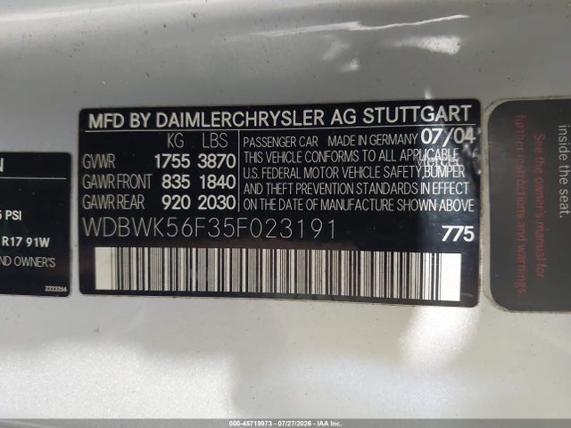 45719973 :رقم المزاد ، WDBWK56F35F023191 vin ، 2005 Mercedes-benz Slk 350 مزاد بيع