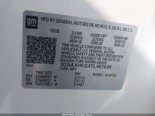 Aukcja sprzedaży 2026 Chevrolet Equinox Fwd Lt, vin: 3GNAXHEG4TL467649, numer aukcji: 45719978