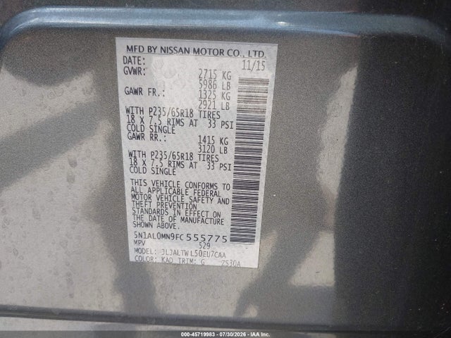 Продаж на аукціоні авто 2015 Infiniti Qx60, vin: 5N1AL0MN9FC555775, номер лоту: 45719983