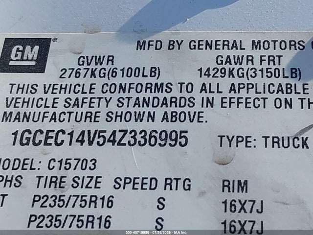 Продажа на аукционе авто 2004 Chevrolet Silverado 1500 Ls, vin: 1GCEC14V54Z336995, номер лота: 45719985
