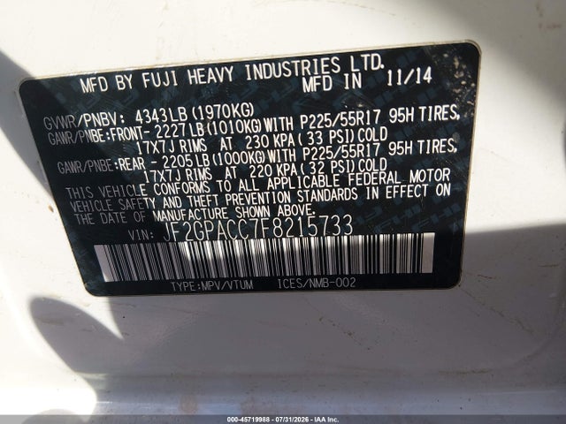 45719988 :رقم المزاد ، JF2GPACC7F8215733 vin ، 2015 Subaru Xv Crosstrek 2.0i Premium مزاد بيع